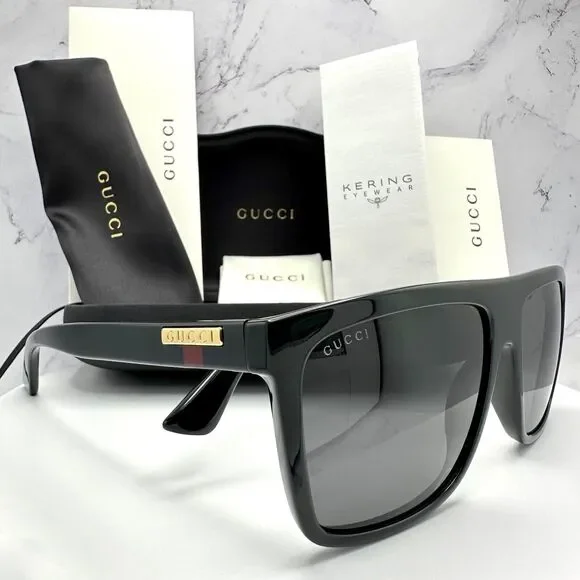 New GUCCI Sunglasses Black Square Aviator Gold Plate Engraved Logo Web Arm GUCCI